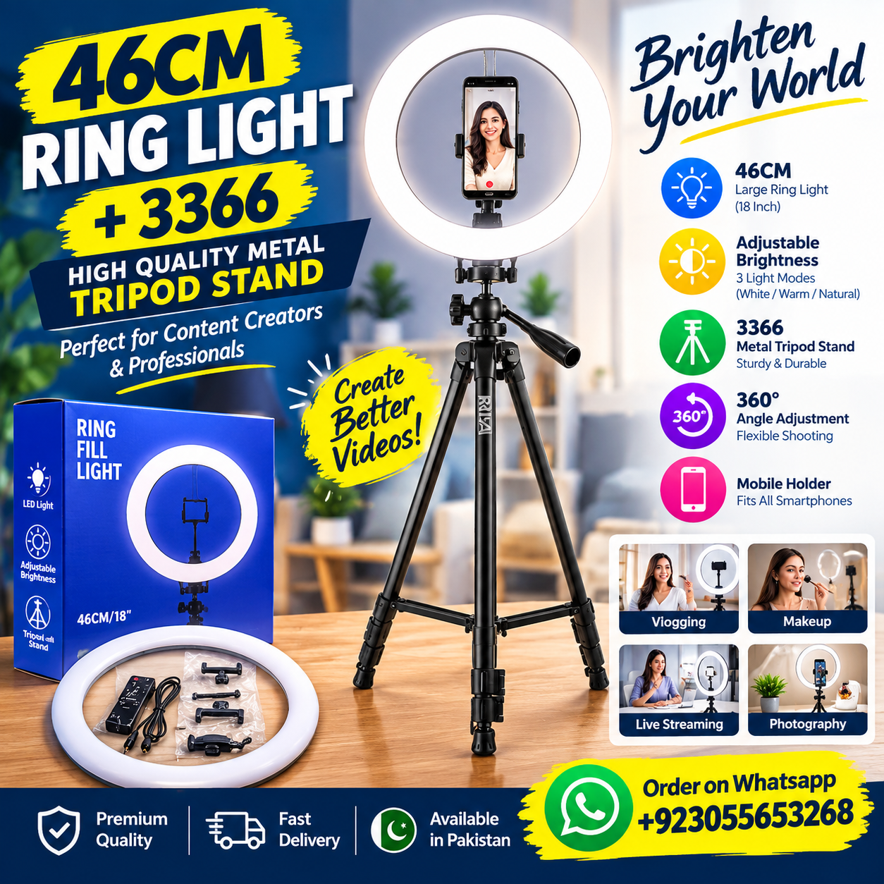 46CM Original LED Ring Light with 3366 Tripod Stand + Free ▶️ YouTube Channel Creation